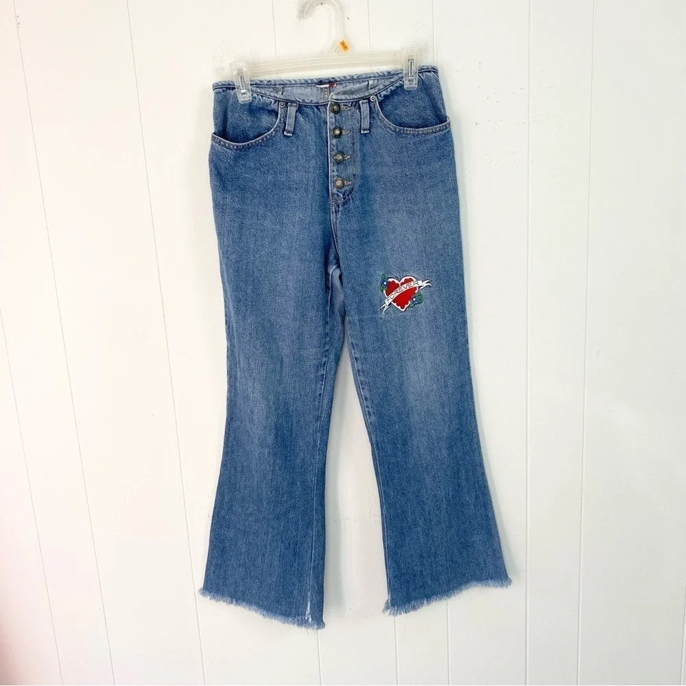 Vintage Second Generation Raw Hem Denim Jeans Size 28” Waist Embroidered Heart